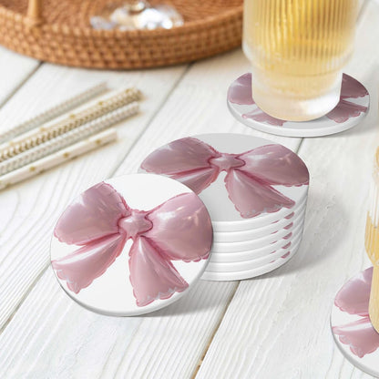 Light Pink Bow Balloon Ceramic Coasters with Holder Set of 6 Coffee Cup Drink Coasters