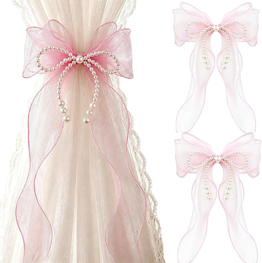Bow Curtain Tiebacks - 2 Pcs Pink Curtain Ties with Pearls, Coquette Room Decor for Home Dining Room Living Room Bedroom Balcony, Housewarming Gift for Friends Family
