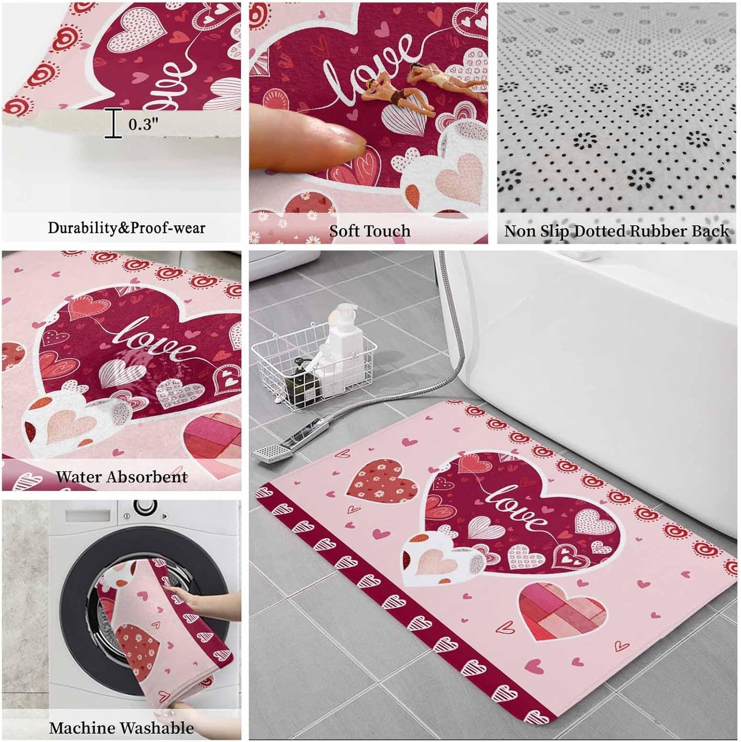Light Pink Valentines Day Bathroom Rugs Mat Sets 3 Piece, Love Hearts Romantic Farmhouse Bath Shower Rugs with U-Shaped Contour Toilet Mat, Large Absorbent Bathtub Runner Rugs Floor Mats
