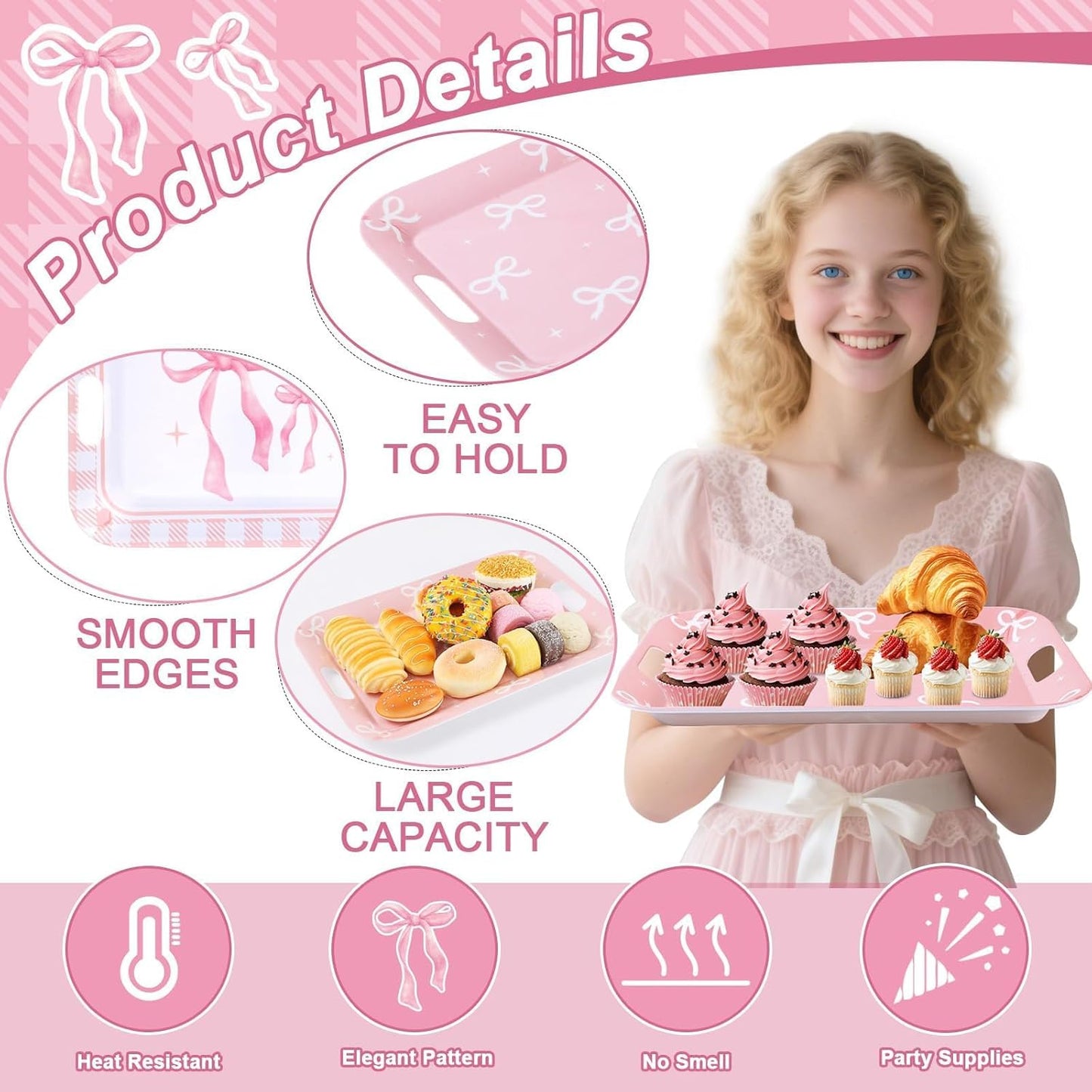 gisgfim 2PCS Pink Bow Serving Trays with Handles 16 X 11 Inch Large Melamine Platter Bow Party Decorations Food Tray Dessert Plate Dish for Girls Bachelorette Wedding Birthday Party Supplies