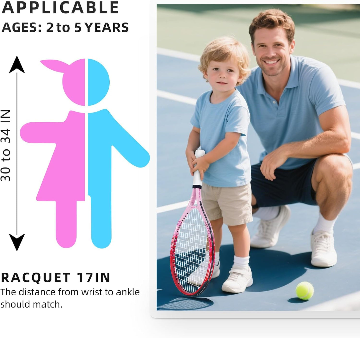 17"-23" Kids Tennis Racket for Aged 2-9, Lightweight and Durable, Including 1 Toddler Tennis Racket and 1 Replacement Grip Tapes