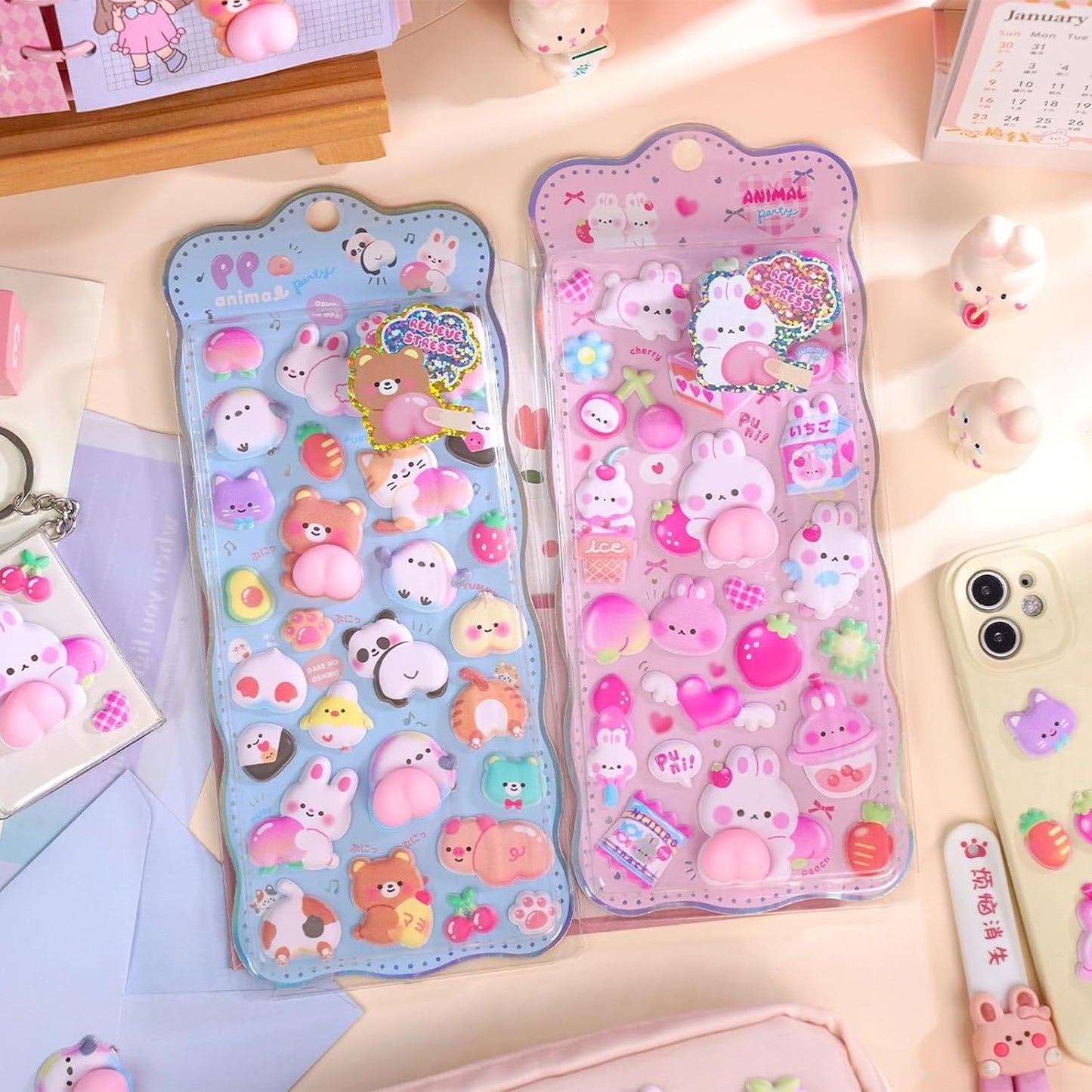 Kawaii Puffy Sticker Set, 3D Bubble Animal Foam Sheets for Kids Girls, Squishy Bear Bunny Peach Designs for Phone Case Laptop Notebook Scrapbook DIY, Cute Pastel Gift Pack, 2 Sheets (Blue & Pink)