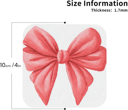 Watercolor Cute Bow Light Red and Pink Drinks Coasters Set of 4 Leather Drink Coasters for Tabletop Protection Heat Resistant Bar Cup Mat Pad