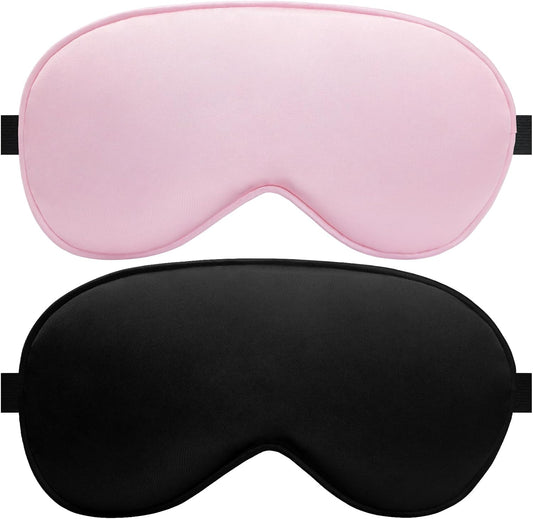 Sleep Eye Mask for Men Women, Silk Sleep Mask for Side Sleeper, Travel Blackout Night Blindfold Eye Shade Cover with Adjustable Strap (Black & Pink)