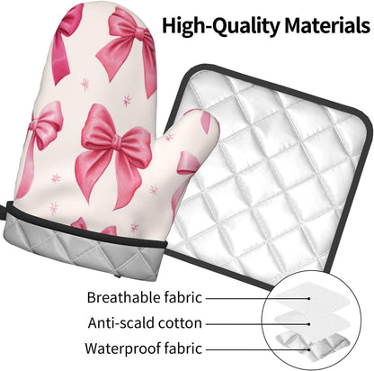 Light Pink Bows in Three Rows Oven Mitts and Pot Holders Sets,Heat Resistant Potholder Kitchen Decor for Cooking Baking BBQ, Oven Glove Set