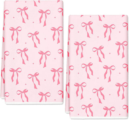 JarThenaAMCS Pink Bow Kitchen Towel Cute Bowknot Dish Towel 18 x 28 Inch Hand Drying Tea Towel for Valentine's Day Bathroom Decor Cooking Baking Party Supplies, 2 Pcs