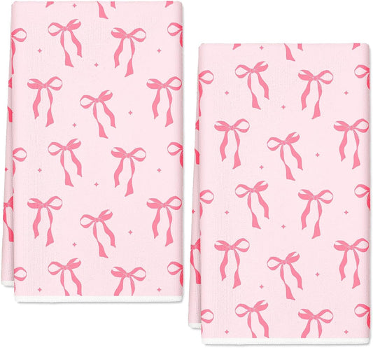 JarThenaAMCS Pink Bow Kitchen Towel Cute Bowknot Dish Towel 18 x 28 Inch Hand Drying Tea Towel for Valentine's Day Bathroom Decor Cooking Baking Party Supplies, 2 Pcs