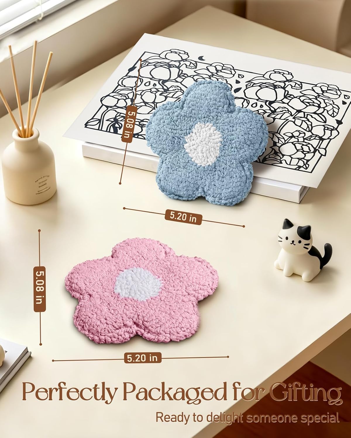 Flower Coasters Set of 2 - Tufted Absorbent Coasters for Drinks, Cute Flower Gift for Desk, Table, Office, Housewarming, Birthday, 2PC Decorative Cup Mats