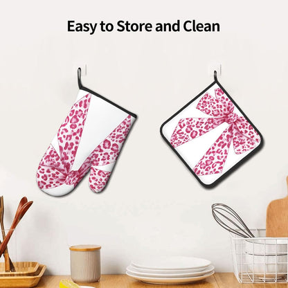Light Pink Leopard Bow Oven Mitts and Pot Holders Sets,Heat Resistant Potholder Kitchen Decor for Cooking Baking BBQ, Oven Glove Set