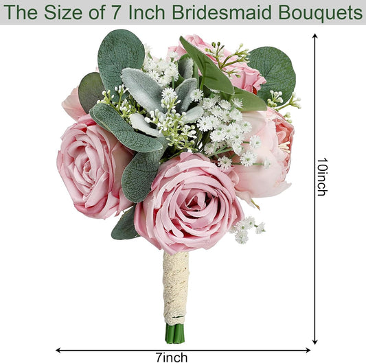 Set of 6 Dusty Pink Peonies & Rose Bridesmaid Bouquets for Wedding Marriage Proposal Bridal Shower Decorations