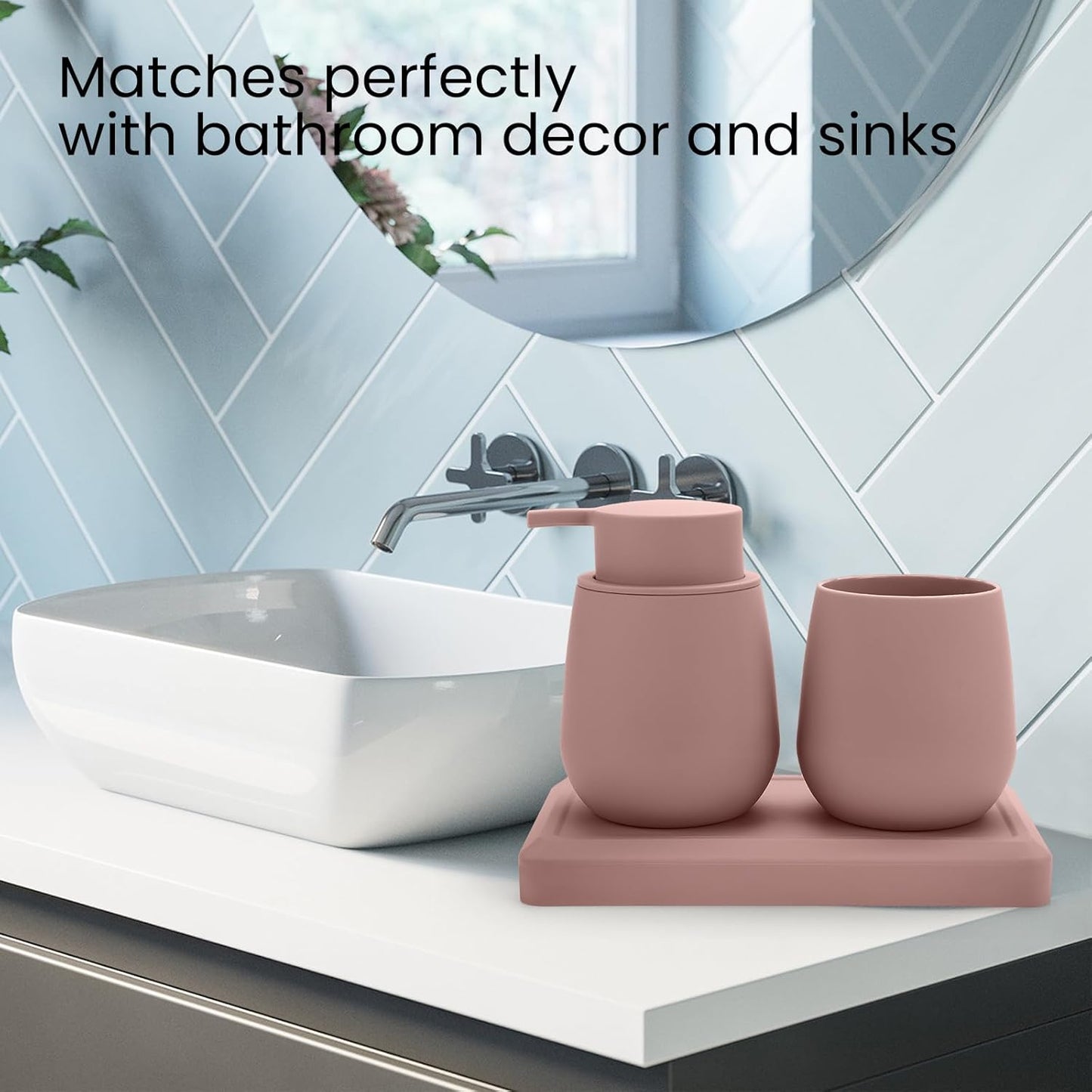 Bathroom Accessories Set, Modern 3 Pcs Bathroom Essentials - Soap Dispenser, Toothbrush Holder & Tray, Countertop Vanity Organizer (Pink)