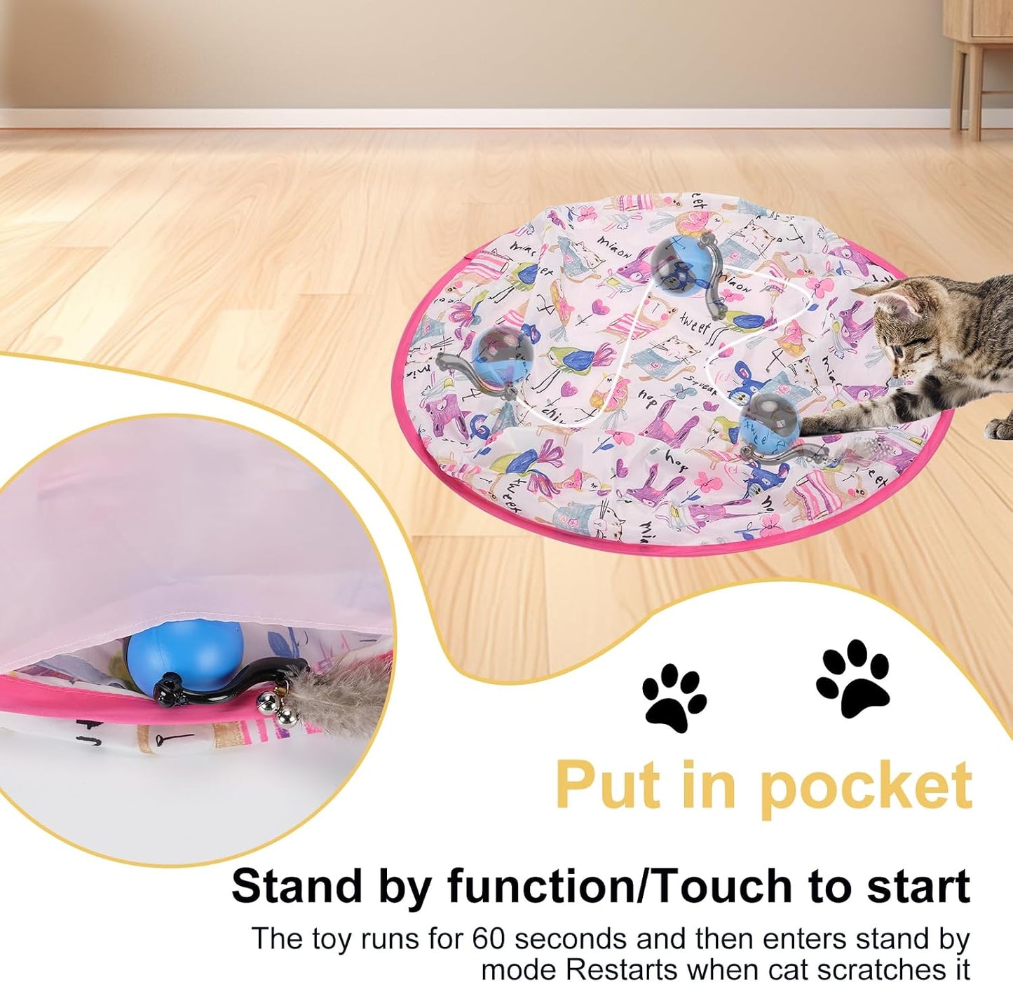 Cat Toy Mat with Moving Toy Under,Remote Control Hide and Seek Rechargeable,Interactive Cat toys Play Mat Rolling Ball Indoor Exercise for Bored and Overweight Cat and Small Dog Entertainment Pink