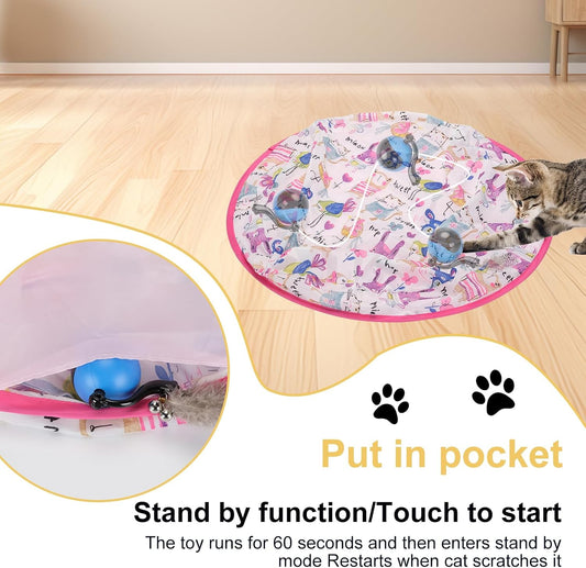 Cat Toy Mat with Moving Toy Under,Remote Control Hide and Seek Rechargeable,Interactive Cat toys Play Mat Rolling Ball Indoor Exercise for Bored and Overweight Cat and Small Dog Entertainment Pink