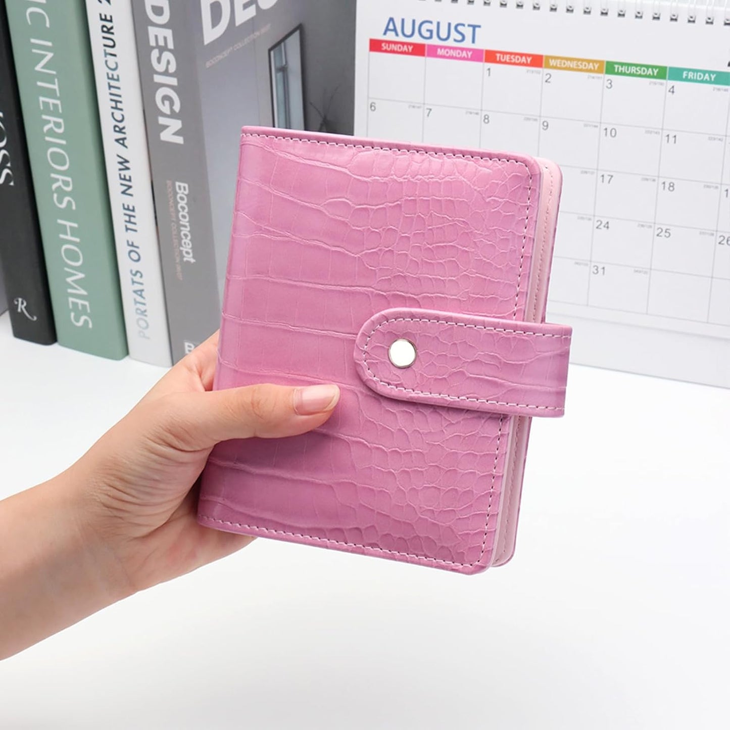 NatSumeBasics Pink A7 Binder Wallet Cash Envelopes Budget Binder 4.7"x5.7" Crocodile Faux Leather 6 Rings Notebook Cover for Organizer Planner Accessories Supplies (Pink Crocodile)