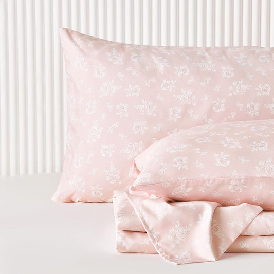 Wake In Cloud - Floral Bed Sheets, 4-Piece Sheet Set, Shabby Chic Flower Rose Pattern Printed Coquette Cottagecore Vintage Aesthetic Bedding, Deep Pocket, Pink White, Queen Size