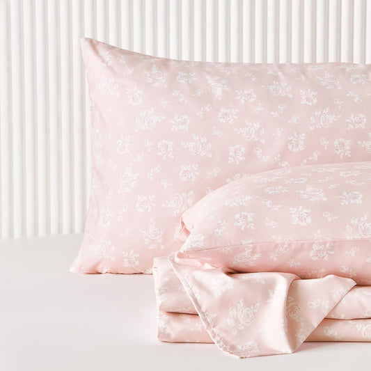 Wake In Cloud - Floral Bed Sheets, 4-Piece Sheet Set, Shabby Chic Flower Rose Pattern Printed Coquette Cottagecore Vintage Aesthetic Bedding, Deep Pocket, Pink White, Full Size