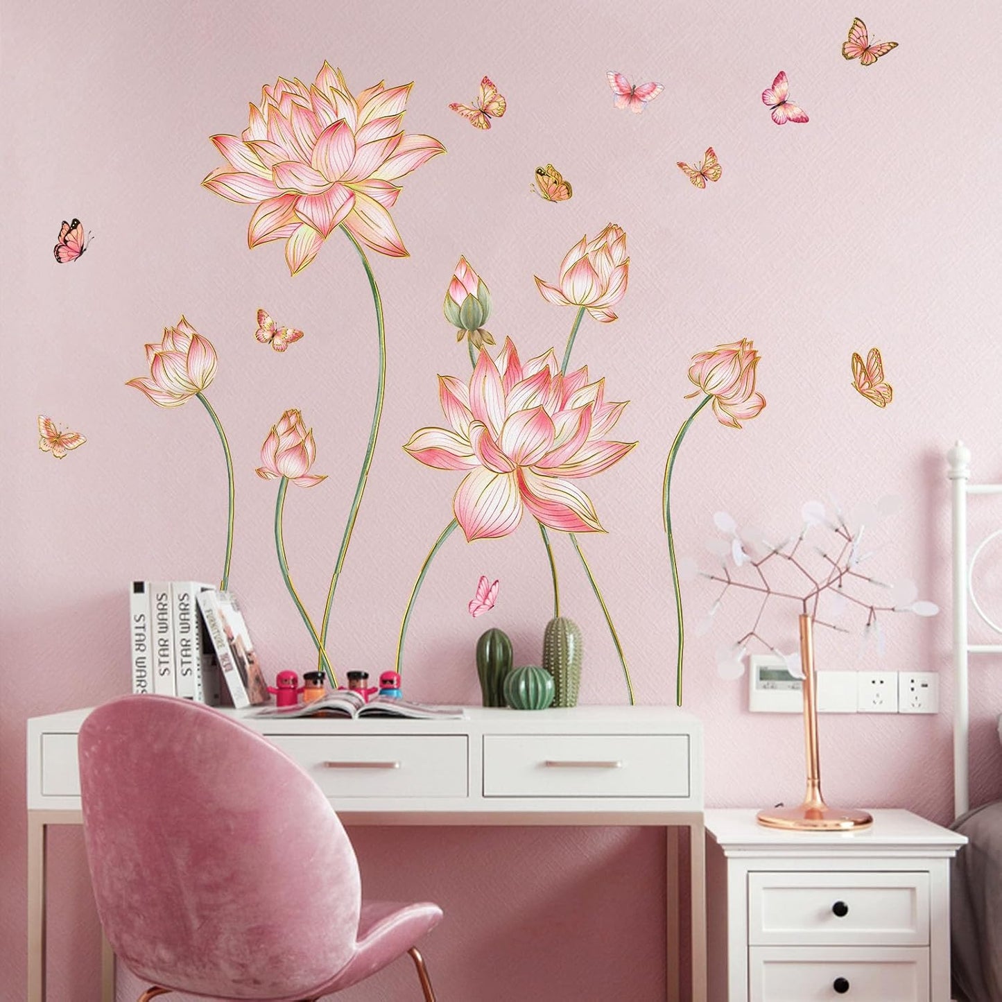Gold Flower Wall Decals Blue Pink Floral Wall Sticker Creative Lotus Peel and Stick Removable Wall Art Decor for Living Room Bedroom Home Office (PinkLotus)