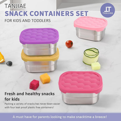 Tanjiae 4Pack Small (1 CUP) 8oz Stainless Steel Snack Containers for Kids | Reusable Easy Open Toddler Snack Containers with Silicone Lids | Stackable Toddler Lunch Box for Daycare, School and Travel