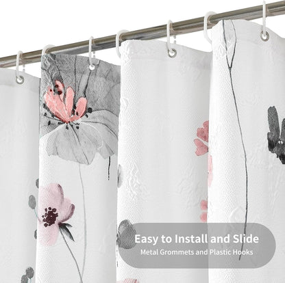 QiyI Watercolor Floral Shower Curtain, 3D Embossed Butterflies Grey Pink Flower Bathroom Curtain, Minimalist White Cloth Bath Curtain, Waterproof Fabric Textured Shower Curtain Set with Hooks, 72x72