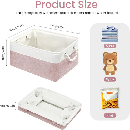 Large Storage Baskets- 15.7x11.8x8.26 inch Storage Bins for Shelves and Closet Organizing, Foldable Fabric Bin for Home Organization Clothes and Laundry (3-Pack, White&Pink)
