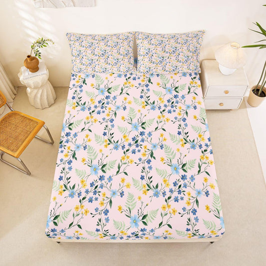 Erosebridal Country Wildflower Sheet Set Full Peach Pink Floral Bed Sheets for Kids Boys Girls Bohemia Flat Fitted Sheet Botanical Sheets 3 Pcs