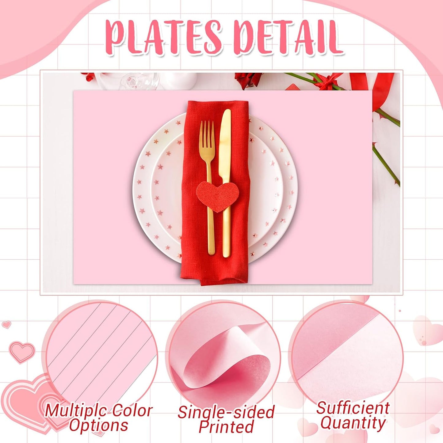 Fullhawl 60 Pcs Pink Paper Placemats, Disposable Rectangular Table Setting Mats for Bridal Shower, Baby Shower, Mother's Day Brunch, Birthday Party & Wedding Decor, 10 x 14 Inch