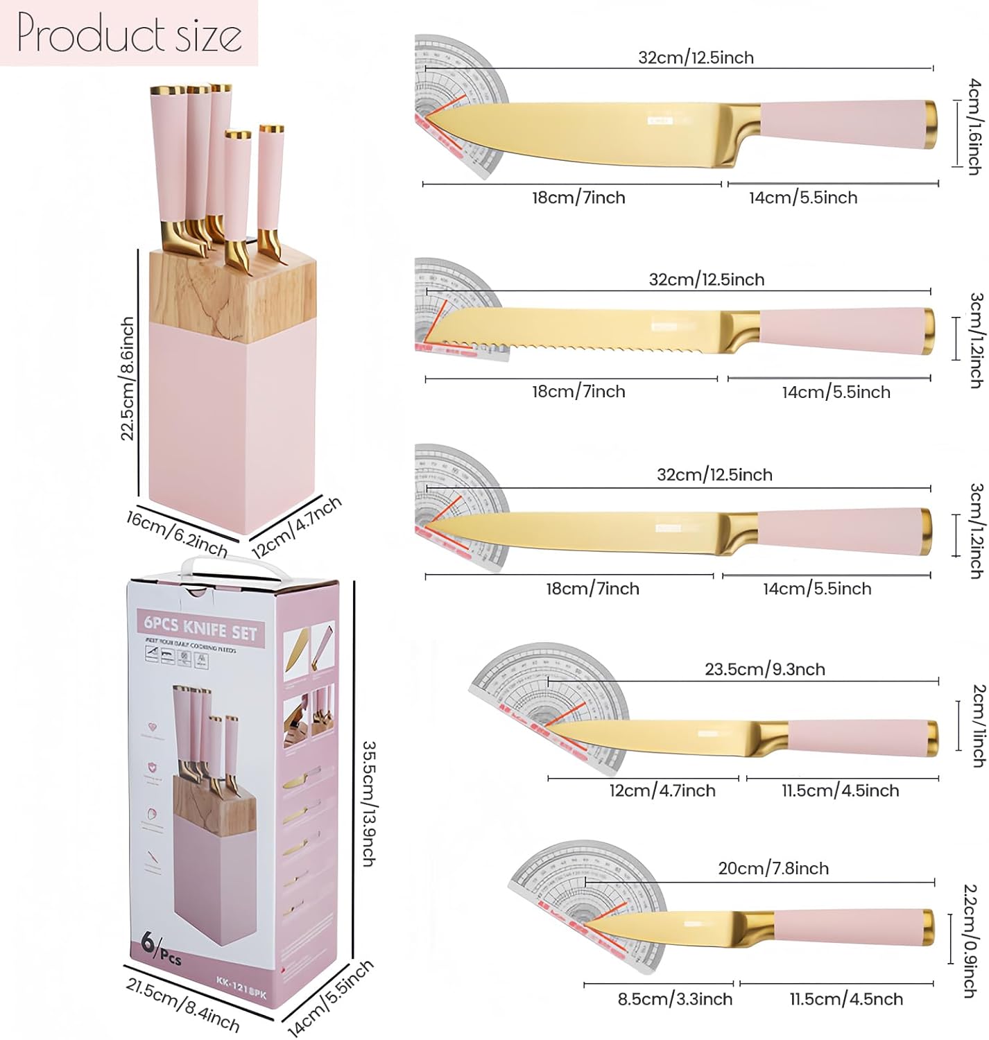 Gold Knife Set, 7 Pieces Titanium Coated Knife Block Set with Pink Wood Block, Ultra Sharp Stainless Steel Chef Knife Sets for Kitchen Built-in Sharpener, Kitchen Accessories and Decor (Pink)