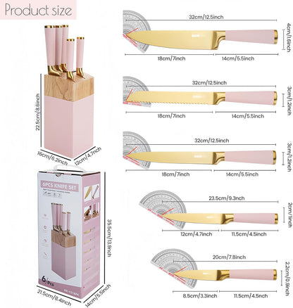 Gold Knife Set, 7 Pieces Titanium Coated Knife Block Set with Pink Wood Block, Ultra Sharp Stainless Steel Chef Knife Sets for Kitchen Built-in Sharpener, Kitchen Accessories and Decor (Pink)