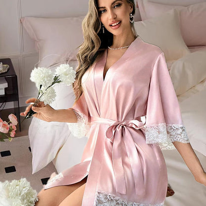 Womens Silk Robe Short Lace Trim Satin Robe 3/4 Sleeve Sexy Kimono Bride Bathrobe Comfy Sleepwear