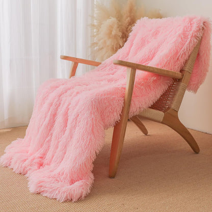 Extra Soft Faux Fur Throw Blanket 50"x60" - Reversible Fluffy Shaggy Double Layer Plush for Couch Sofa Bed, Solid Fuzzy Long Hair Microfiber Comfy Decorative Cozy, Pink