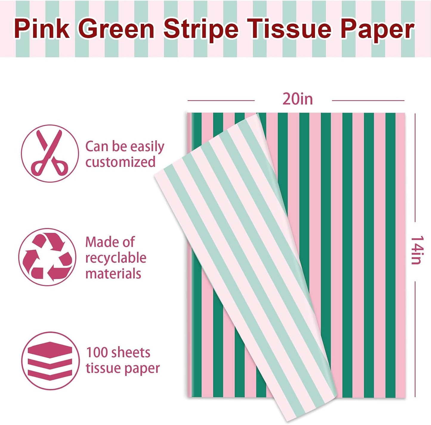JarThenaAMCS 100 Sheets Stripe Gift Wrapping Paper Pink Green Stripe Decorative Art Tissue for DIY Crafts Holiday Wedding Baby Shower Birthday Party, 14 x 20 Inch