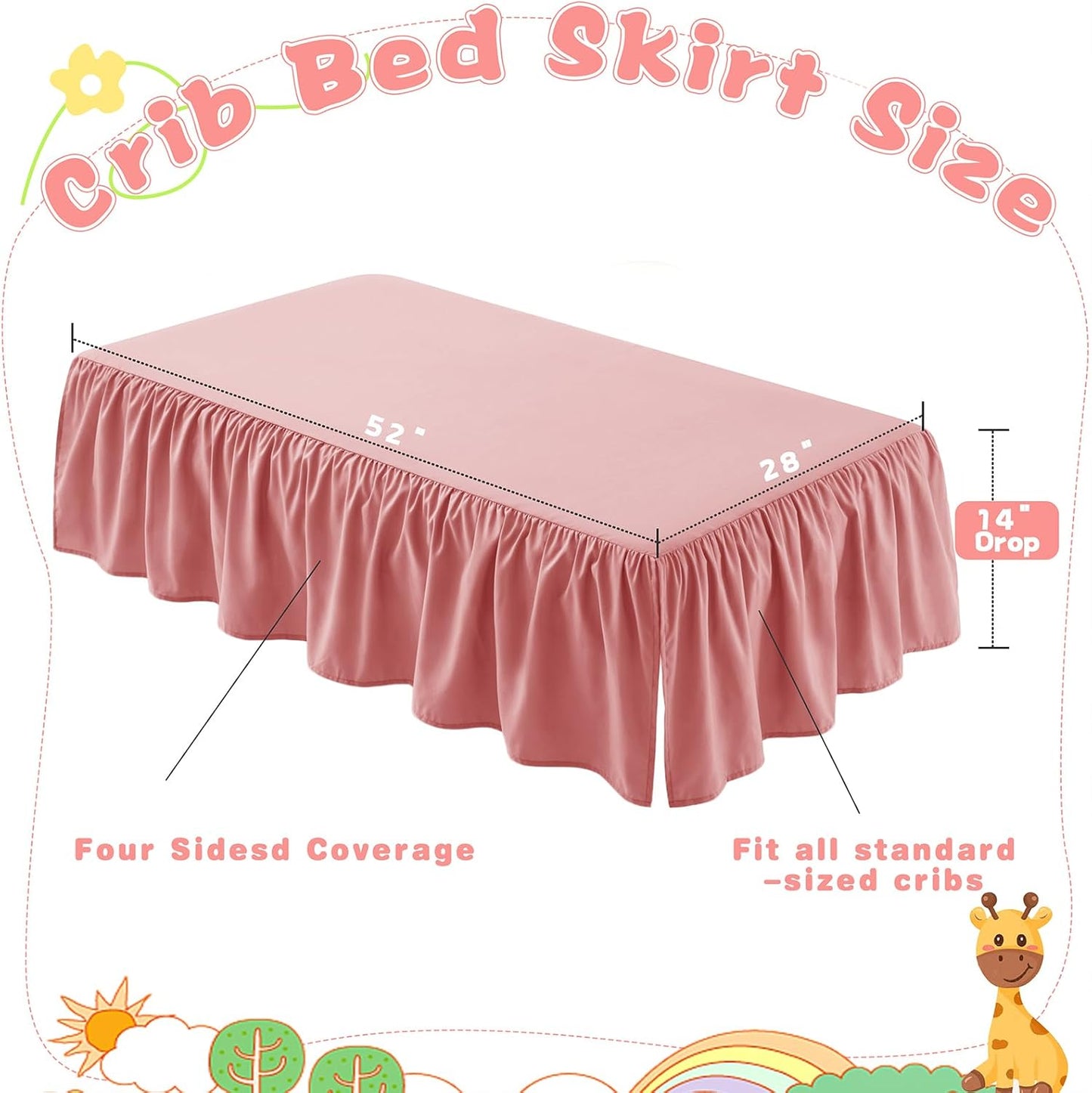 SiinvdaBZX Pink Crib Skirt Dust Ruffle, Microfiber Crib Bed Skirt 52"x28" with 14" Drop, Durable Full Coverage Toddler Bedskirt Fit for Baby Boys Girls Nursery Standard Crib