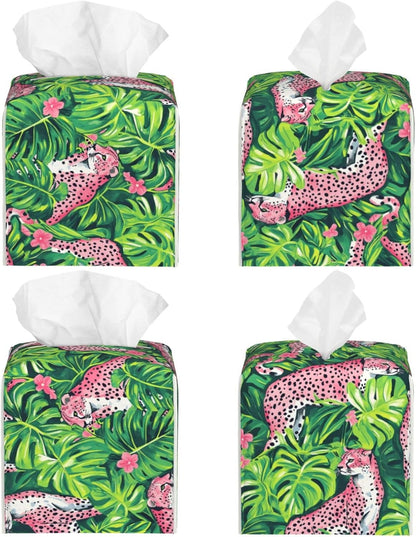 Tropical Plant Pink Leopard Print Tissue Box Cover Square Modern Decorative Tissue Box Holder, Cute Leather Box Cover Car Tissue Holder for Bathroom, Night Stands, Desk, Office Decor
