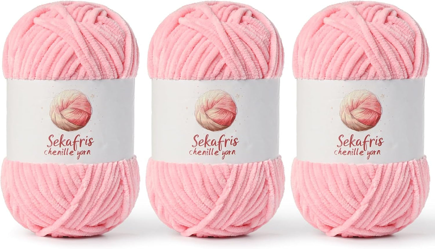 3 Pack Pink Chunky Chenille Yarn for Crocheting, Bulky Velvet Yarns for Crochet, Baby Yarn for Crocheting Soft Blanket, 393 yds/10.5 oz Fluffy Amigurumi Crochet Yarn