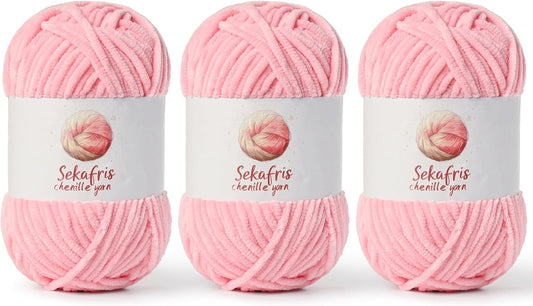 3 Pack Pink Chunky Chenille Yarn for Crocheting, Bulky Velvet Yarns for Crochet, Baby Yarn for Crocheting Soft Blanket, 393 yds/10.5 oz Fluffy Amigurumi Crochet Yarn