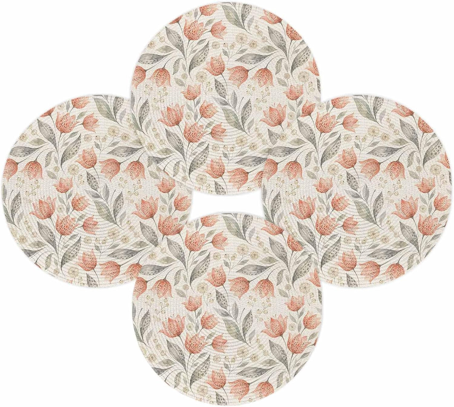 Peach Floral Round Placemats Set of 4 for Dinning Tables,Heat-Proof Braided Table Mats 15 Inch,Farmhouse Botanical Garden Flowers Washable Place Mat for Kitchen Restaurant Party Decor Table Setting