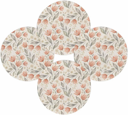 Peach Floral Round Placemats Set of 4 for Dinning Tables,Heat-Proof Braided Table Mats 15 Inch,Farmhouse Botanical Garden Flowers Washable Place Mat for Kitchen Restaurant Party Decor Table Setting