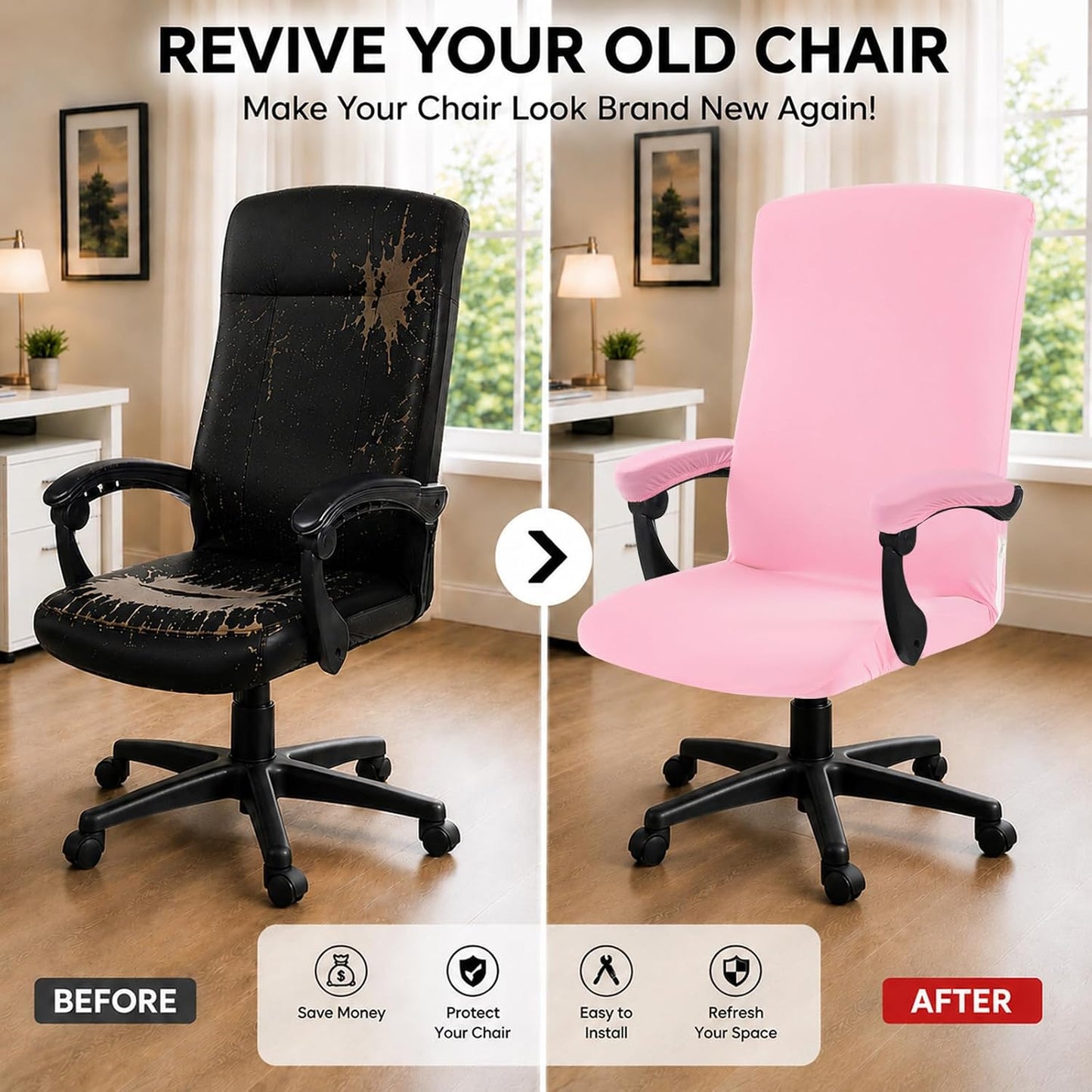 Stretch Computer Office Chair Cover with Armrest Covers Durable Zipper Universal Washable Removable Spandex Rotating Boss Chair Slipcovers Anti-dust Soft Desk Chair Seat Protector, Pink