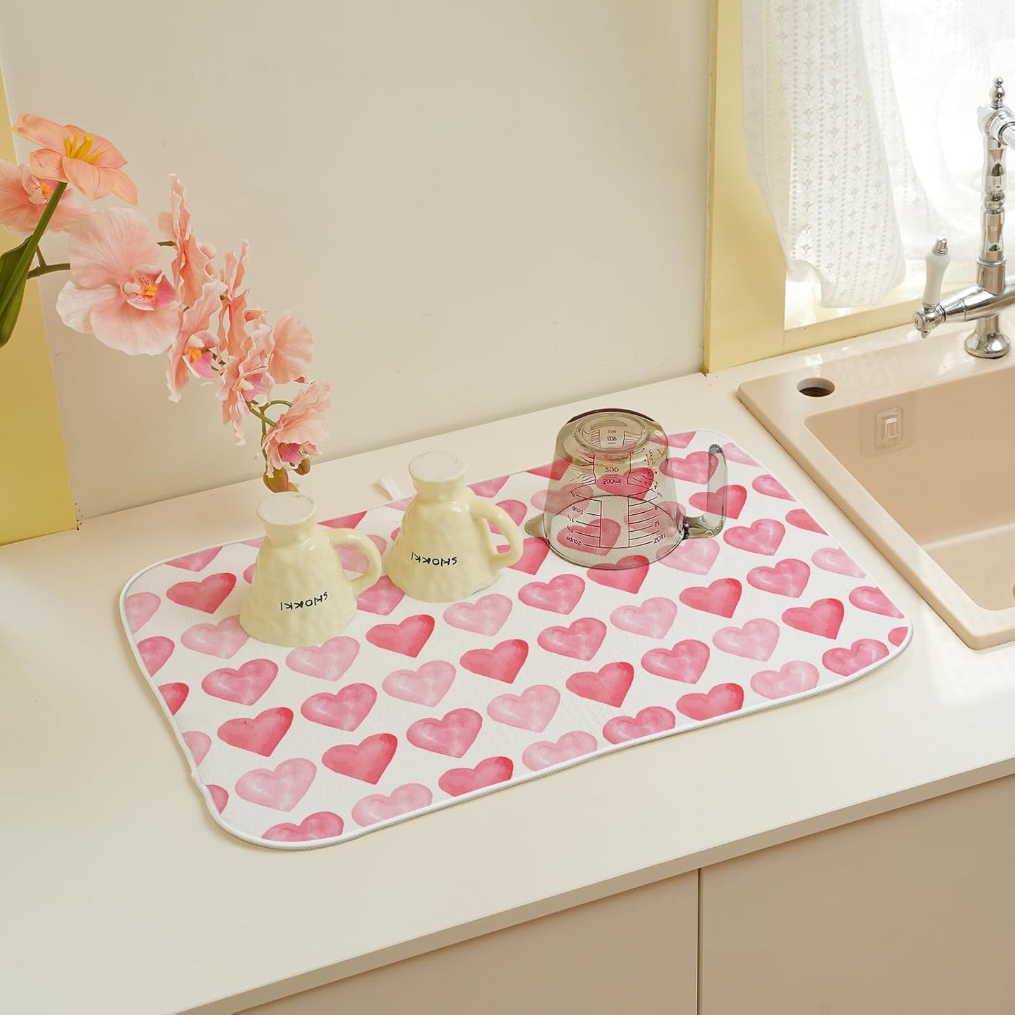 Valentines Day Dish Drying Mats 18x24 Inch Love Pink Heart Drying Mats Anniversary Mother's Day Holiday Valentines Decorations Absorbent Drying Dish Mats for Kitchen Dining Room Counter Decor