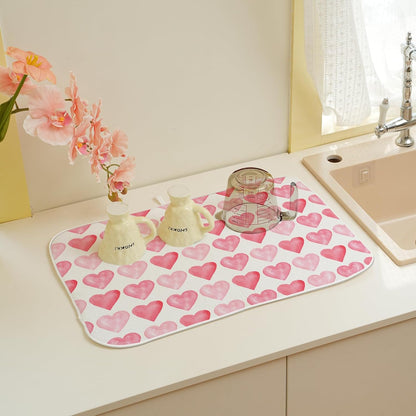 Valentines Day Dish Drying Mats 18x24 Inch Love Pink Heart Drying Mats Anniversary Mother's Day Holiday Valentines Decorations Absorbent Drying Dish Mats for Kitchen Dining Room Counter Decor