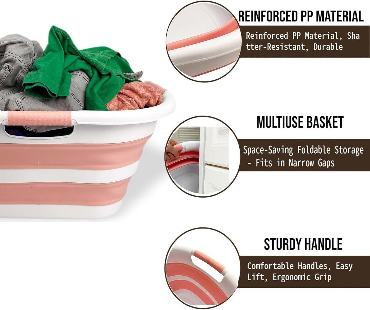 SAMMART 40L (10.5 gallon) Collapsible Plastic Laundry Hamper - Foldable Pop Up Storage Container/Organizer - Portable Washing Tub - Space Saving Basket (1, White/Quartz Pink)