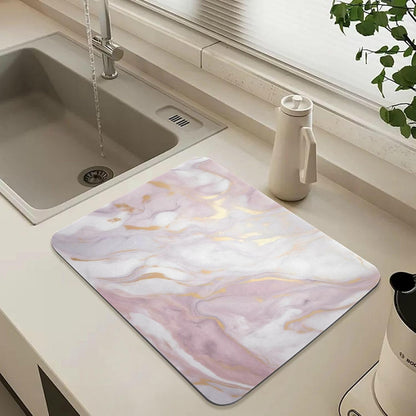Pink Marble Dish Drying Mat for Kitchen Counter Absorbent Microfiber Small Drying Pad Dish Mats for Kitchen Countertops 15.7x11.8 Inch
