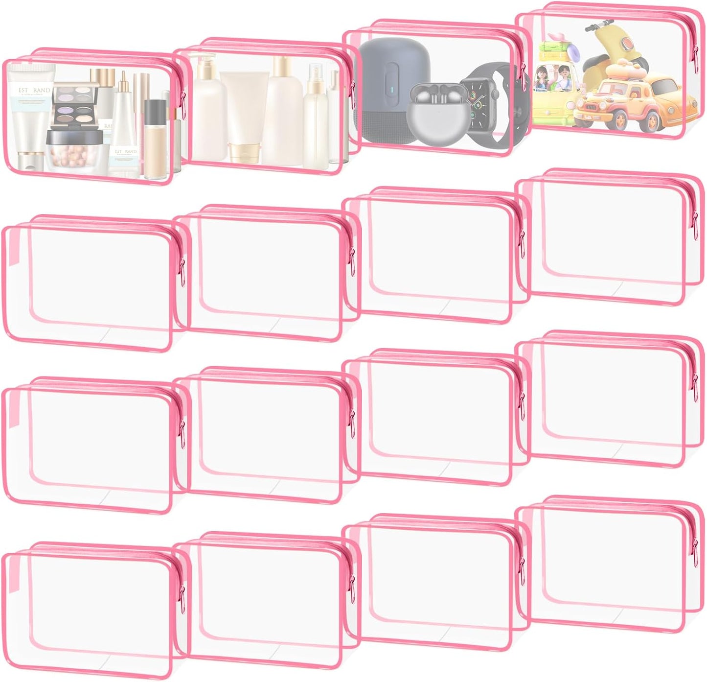 YedsIntu 16-Piece Makeup Bags, Waterproof Toiletry Bag Carry Pouch Portable Cosmetic Bag PVCTravel Clear Pouches Carry-on Travel Essentials Transparent Storage Organizer Bag (Rose Pink-M)