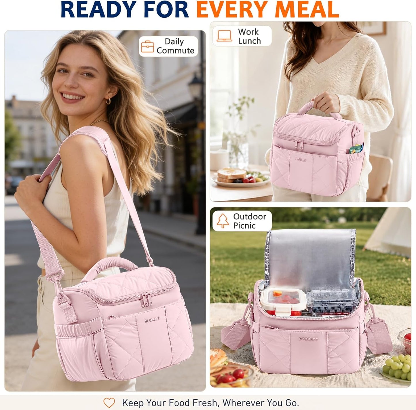 Insulated Lunch Bag for Women, Quilted Lunch Tote Bag with Shoulder Strap, Leakproof Soft Lunch Box, Reusable Lunch Cooler Bag for Work Office Picnic Travel, Large Capacity