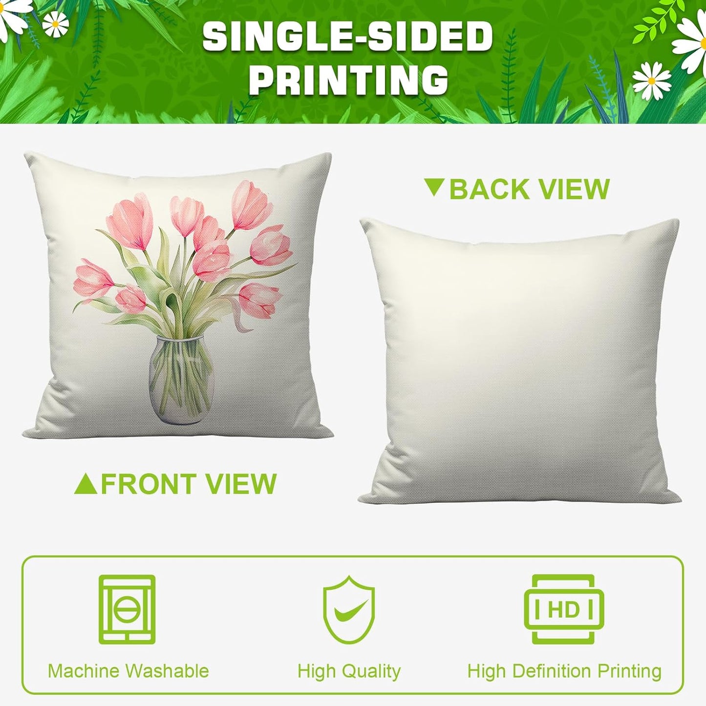 Pillow Covers 18x18 Set of 4 Tulip Home Sweet Home Pink Throw Pillows Decorative Pillow Cases Hello Summer Spring Seasonal Farmhouse Decorations for Sofa Couch