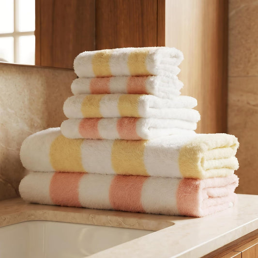 Vie Triomphe Soft Luxury 6 Piece Towel Sets, 2 Bath Towels 2 Hand Towel 2 Washcloths,100% Cotton Towels for Bathroom, Pink Striped and Yellow Striped, 6-Piece Towel Set;