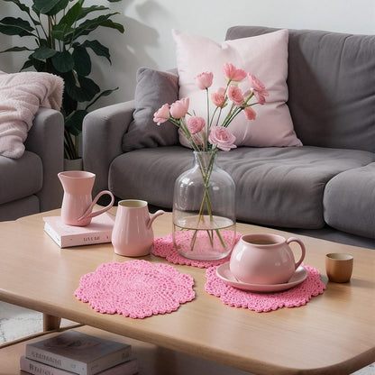 10 Pcs 8 Inch Cute Crochet Doilies Crochet Flower Coasters Handmade Cotton Coaster Round Lace Placemats with Floral Patterns Doily Cloth Set Spring Wedding Easter Party Decoration(Pink)
