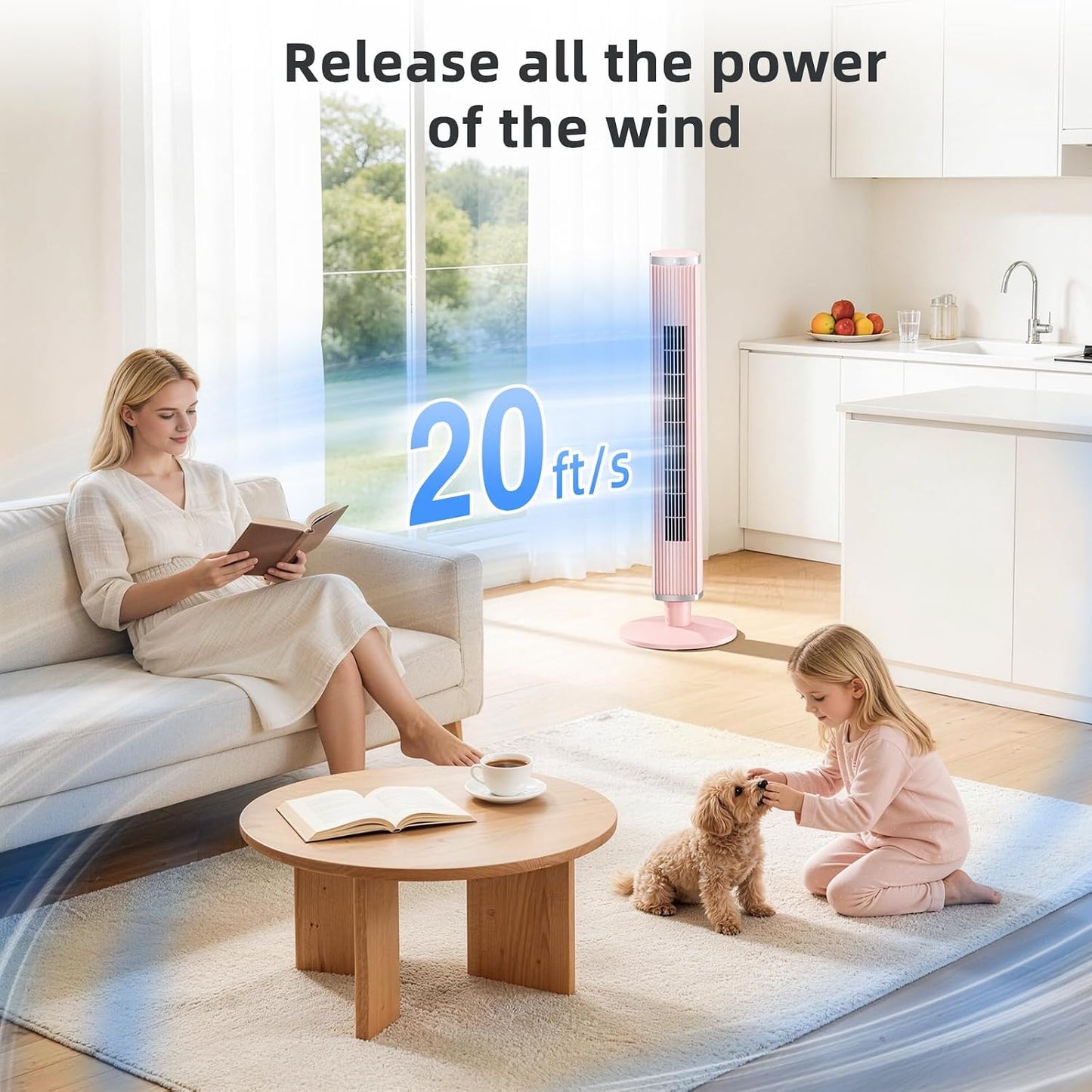 COWSAR Tower Fan for Bedroom – 6 Speeds, 4 Modes, 24H Timer, 60° Oscillating, Bladeless Floor Fan for Indoors, 41-Inch,Pink