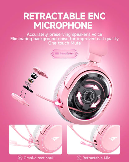 Wireless Gaming Headset, 7.1 Surround Sound, 2.4GHz USB Gaming Headphones with Bluetooth 5.4, 100H Battery, ENC Noise Canceling Mic, RGB Light, Wireless Headset for PC PS5 PS4 Mac Switch (Gray-Pink)