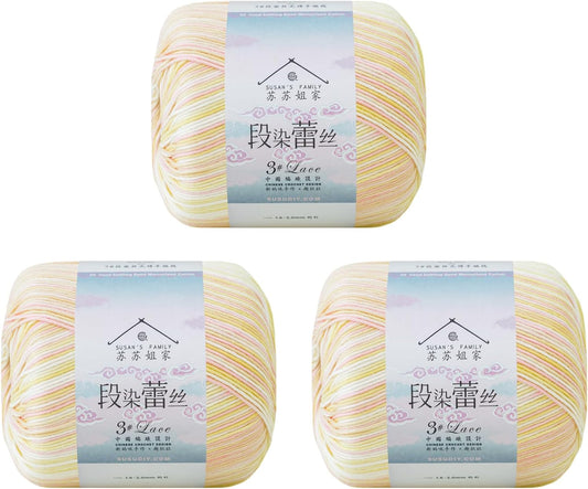 Susan's Family Fancy Dyed Lace Yarn 3 Packs- 3 x 50g - Peach Soda | Soft & Durable 100% Cotton yarn 164 Yards for Knitting & Crocheting - Doily, Table Runner, Amigurumi